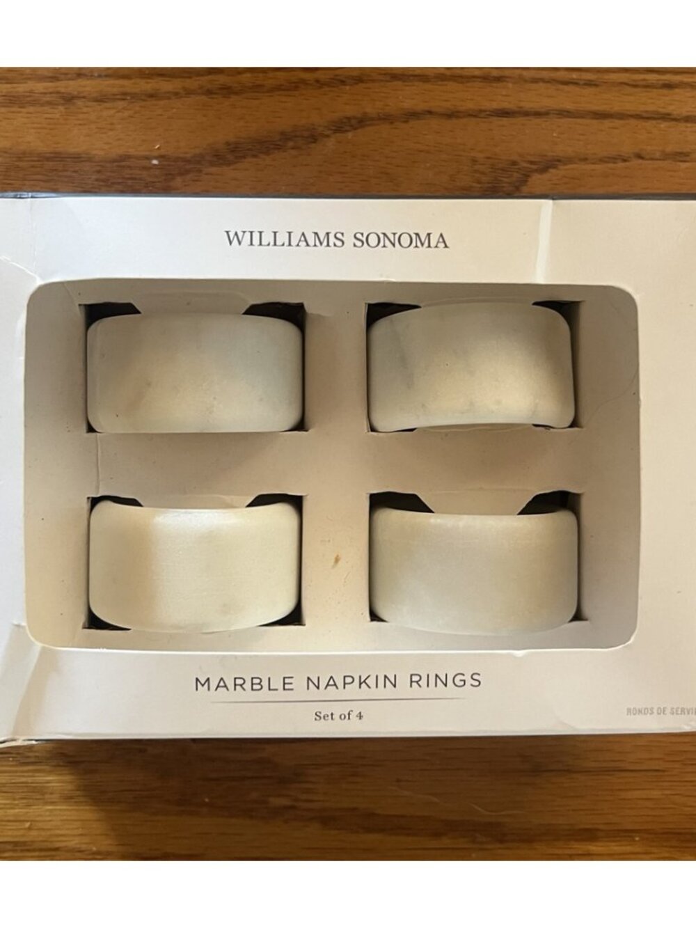 Williams Sonoma White Marble Napkin Rings Set of 4 Boxed